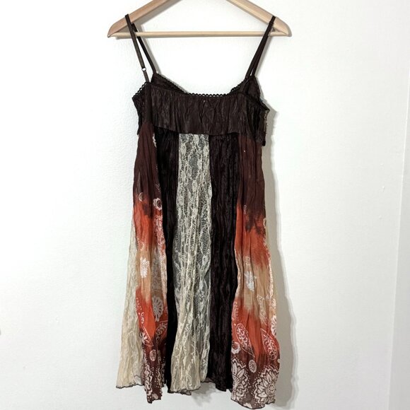 Vtg Y2K Papaya Patchwork Babydoll Dress Brown Beaded Lace Festival Eclectic Boho - Picture 4 of 16